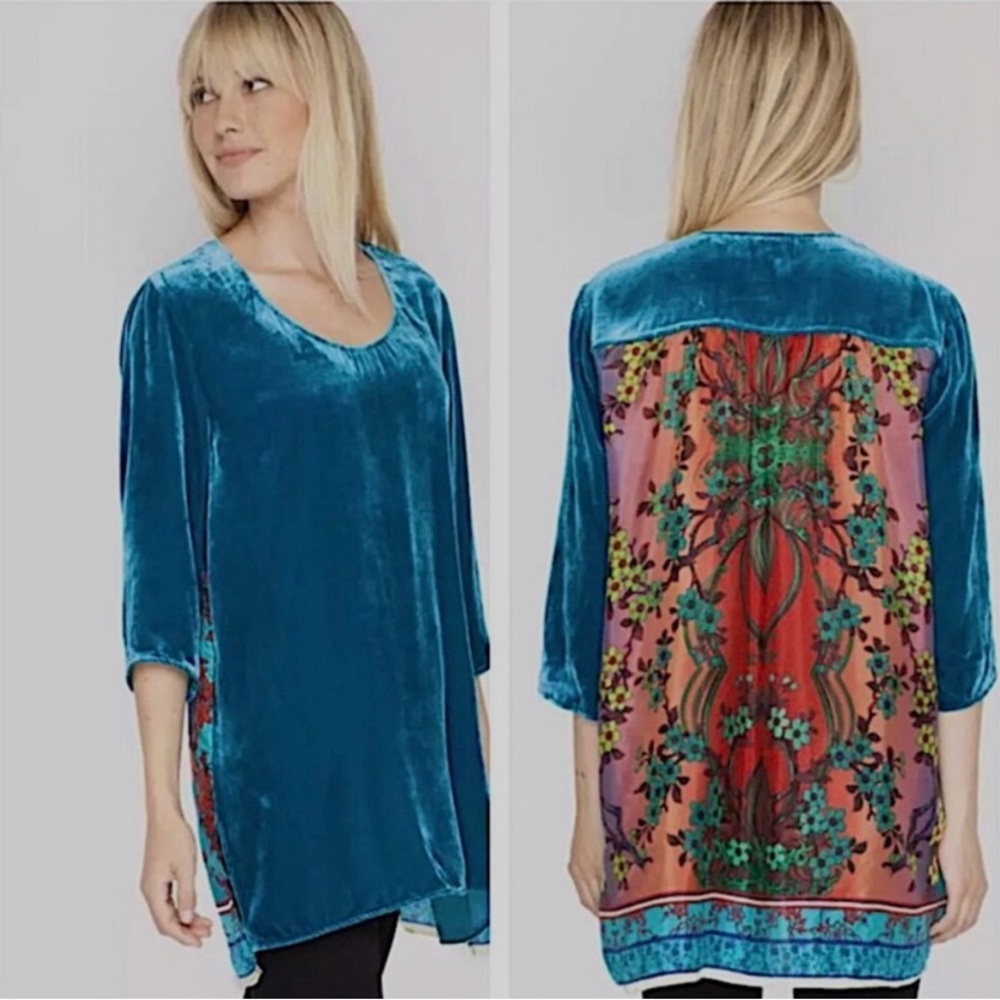 JWLA Johnny Was Lucia 3/4 Sleeve Teal Velvet Top